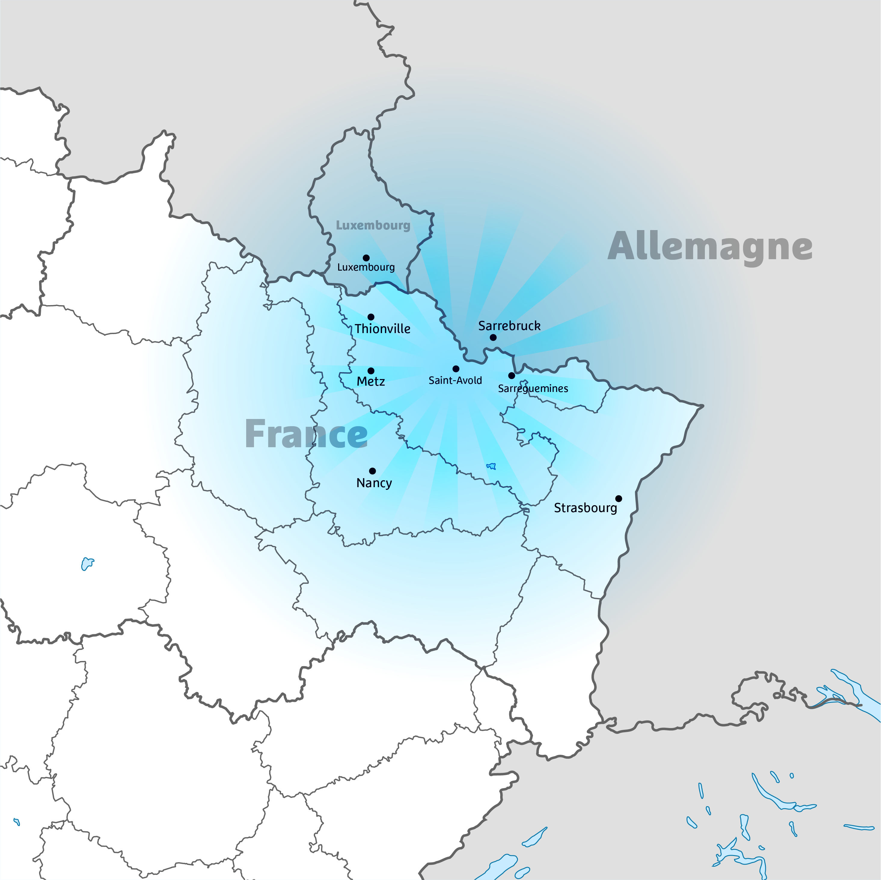 Carte de la zone d'intervention Ritzmann : Lorraine, Alsace, Luxembourg et région de la Sarre